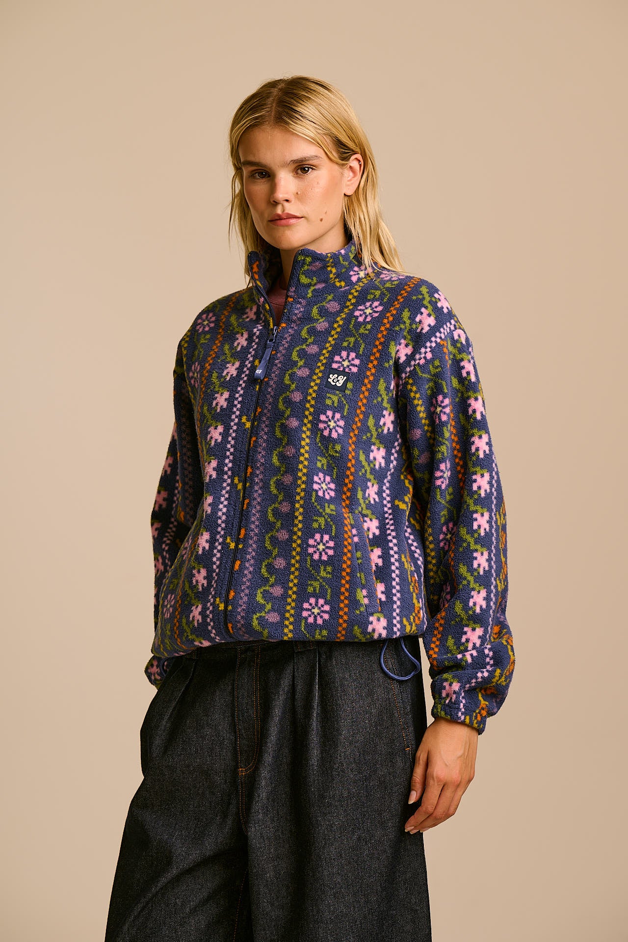 Nicks - Full Zip Polar Fleece in Navy Folk Floral