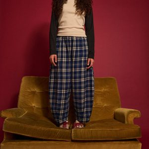 Obregon - Barrel Leg Brushed Cotton Trousers in Blue Tartan Check